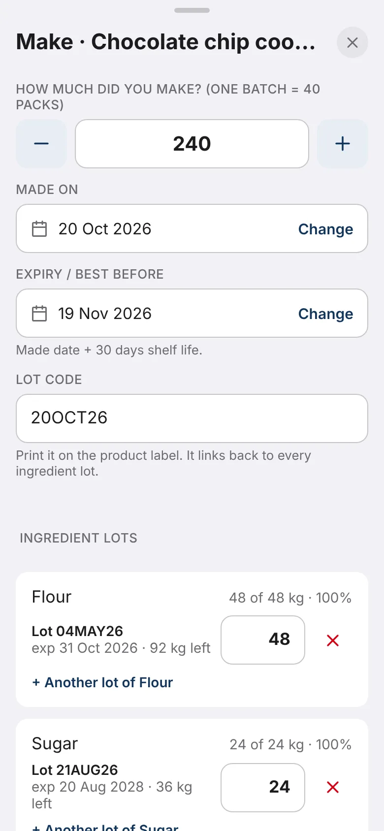 Making a batch: ingredient lots picked by expiry and the recipe cost.