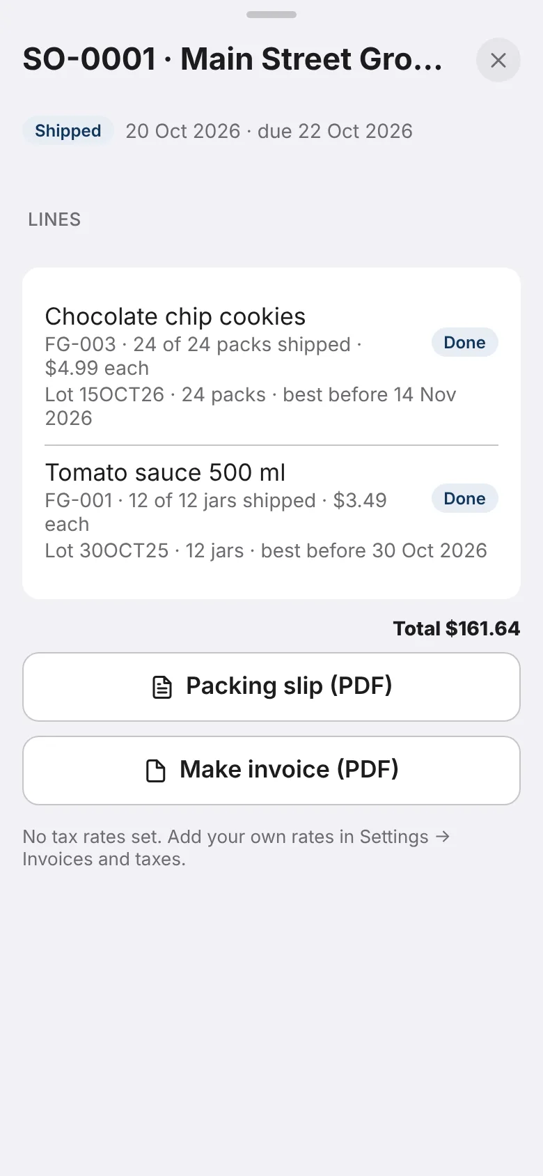 A sales order shipped by FEFO, ready for the invoice.